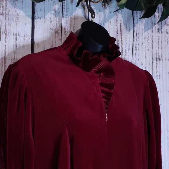 Velour ruby red maxi lounger house dress w ruffles - Picture 2 of 15